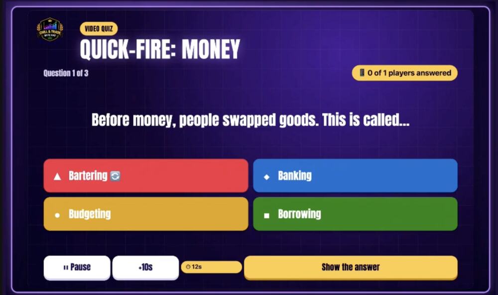 Screenshot from a live Chill & Trade class: Quick-fire quizzes