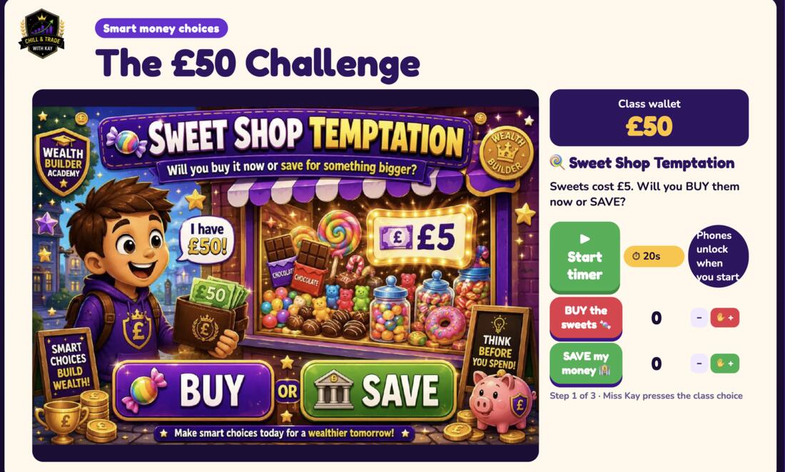 Interactive £50 Challenge with a class wallet: buy the £5 sweets or save