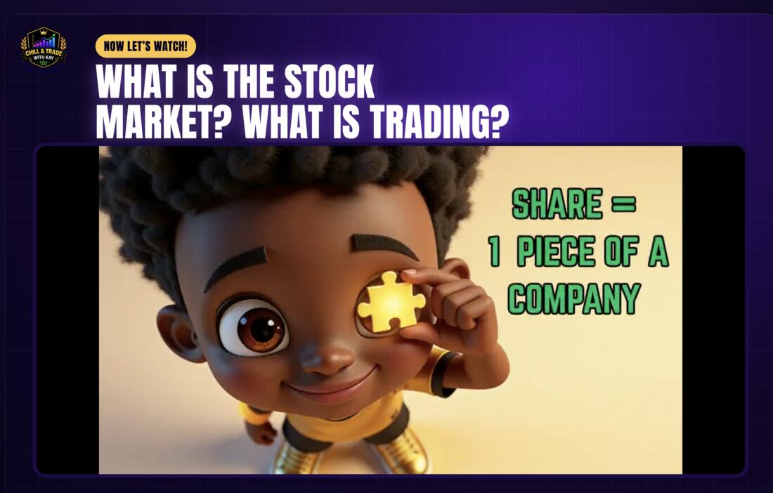 Animated video slide: What is the stock market? A share is one piece of a company