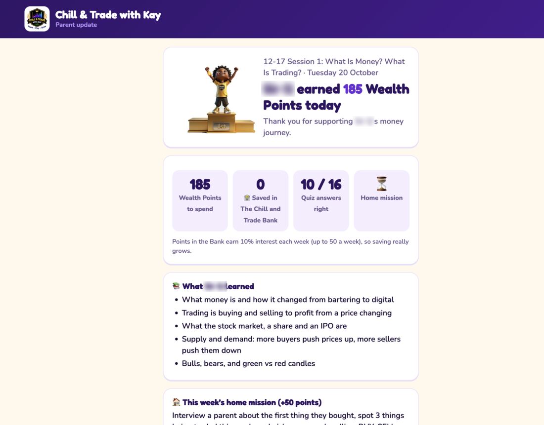 Example parent update after a session, showing Wealth Points earned, quiz score, savings in the Chill and Trade Bank and what the learner covered. The learner's name is blurred.
